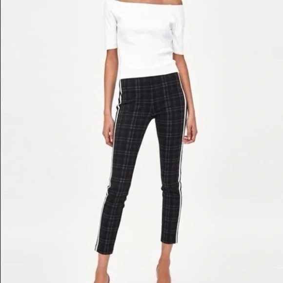 Zara | Plaid Striped Trouser Legging Pants Gray Blue White Tuxedo Strip XS - Picture 2 of 7